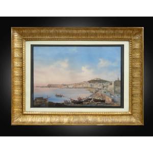 Gouache/Aquarelle ancienne représentant une vue de Naples. Période 19ème siècle.