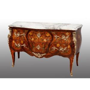 Antique Napoleon III French Chest Of Drawers In Fine Exotic Woods. Early 20th Century.