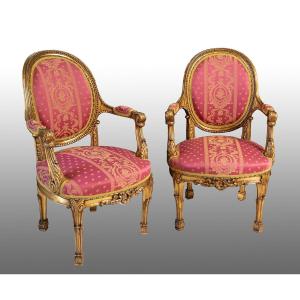 Pair Of Antique Napoleon III French Armchairs In Gilded And Carved Wood. 19th Century.