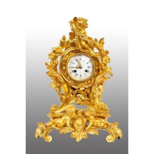 Antique Napoleon III Clock In Gilded Bronze, 19th Century