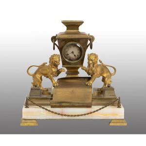 Antique Inkwell With Built-in Clock, Made Of Gilded Bronze And Onyx, 19th Century