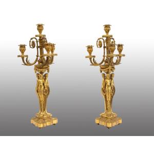 Pair Of Gilded Bronze Candelabra/flambeaux From The Napoleon III Period.