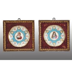 Pair Of Antique Ceremonial Plates In Polychrome Sèvres Porcelain, 19th Century