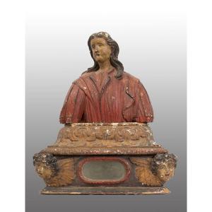 Antique Polychrome Wooden Reliquary Bust Dating From The Late 17th Century. Spain