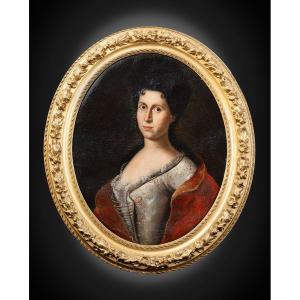 Tableau ancienne huile sur toile représentant une noble dame française, XVIIIe siècle.
