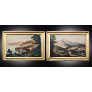Paire de tableaux anciens à l'huile sur toile, Naples, XIXe siècle.