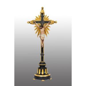 An Antique Polychrome Wooden Crucifix Of Neapolitan Craftsmanship Dating From The 18th Century.