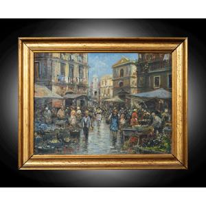 Antique Oil Painting On Wood, 20th Century