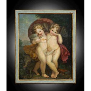 Antique Oil Painting On Wood, 18th Century, France