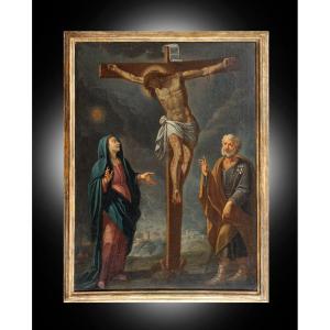 Antique Oil-on-canvas Painting Depicting The Crucifixion Of Christ, 18th Century