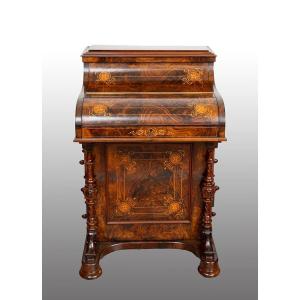 English Victorian Davenport Made Of Walnut Burl With Inlaid Details, 19th Century
