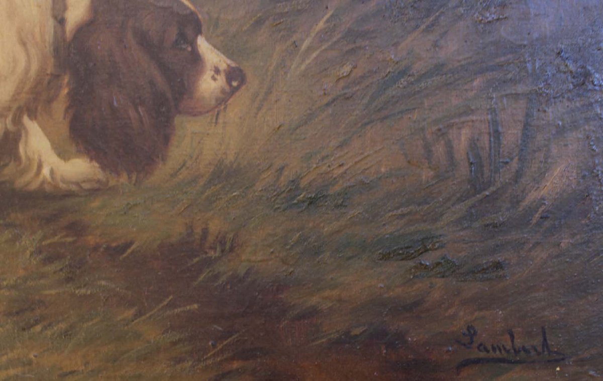 Oil On Canvas Signed By Lambert Depicting Two Hunting Dogs In The Forest-photo-3
