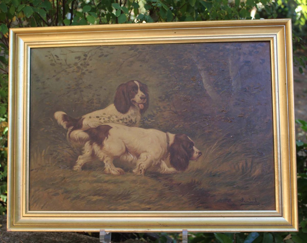 Oil On Canvas Signed By Lambert Depicting Two Hunting Dogs In The Forest