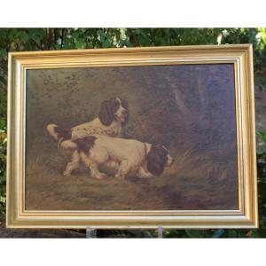 Oil On Canvas Signed By Lambert Depicting Two Hunting Dogs In The Forest
