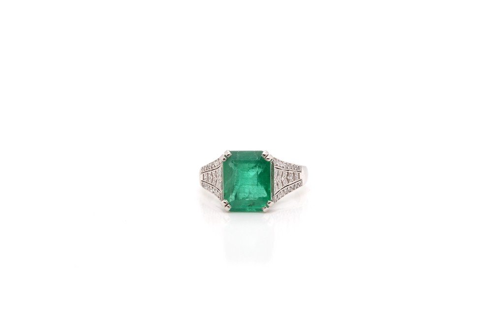 Bague Art Déco émeraude Et Diamants En Platine-photo-2
