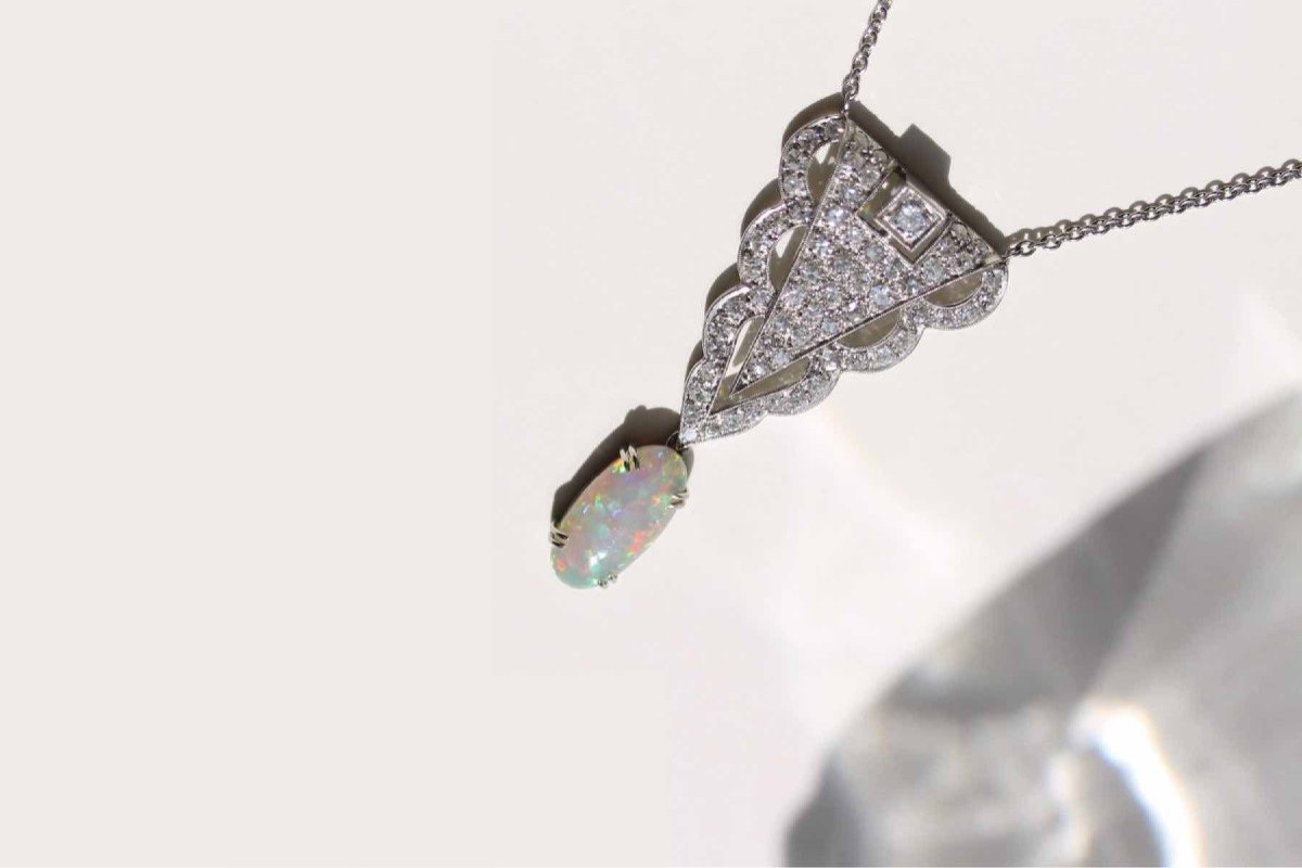 Art Deco Diamond And Opal Pendant Necklace-photo-2