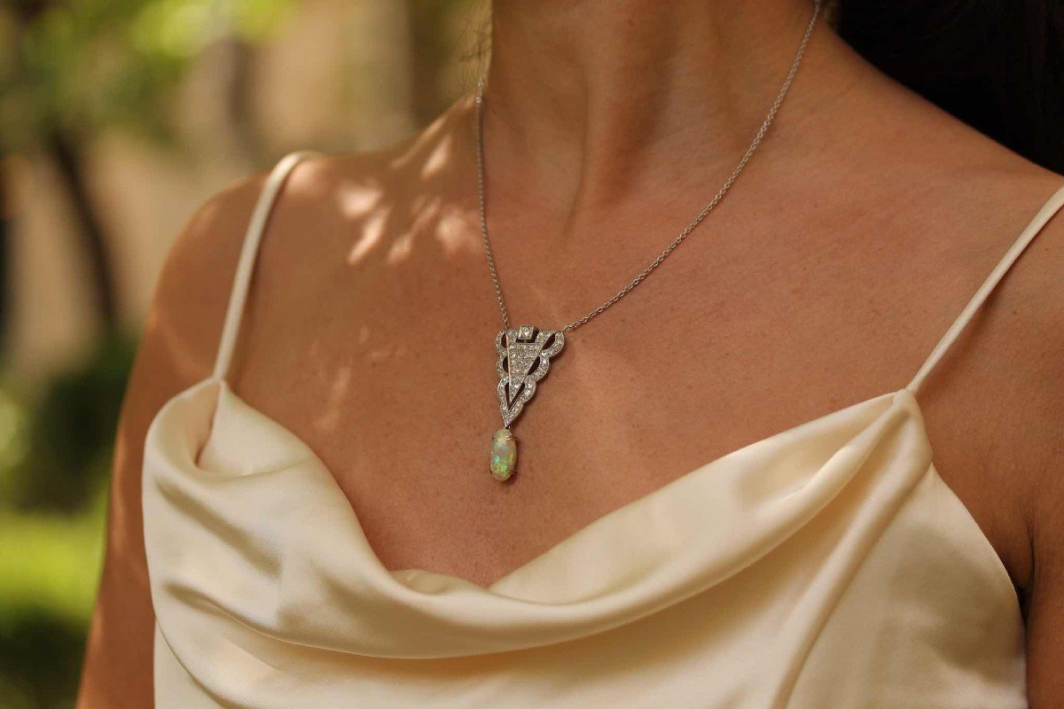 Art Deco Diamond And Opal Pendant Necklace-photo-3