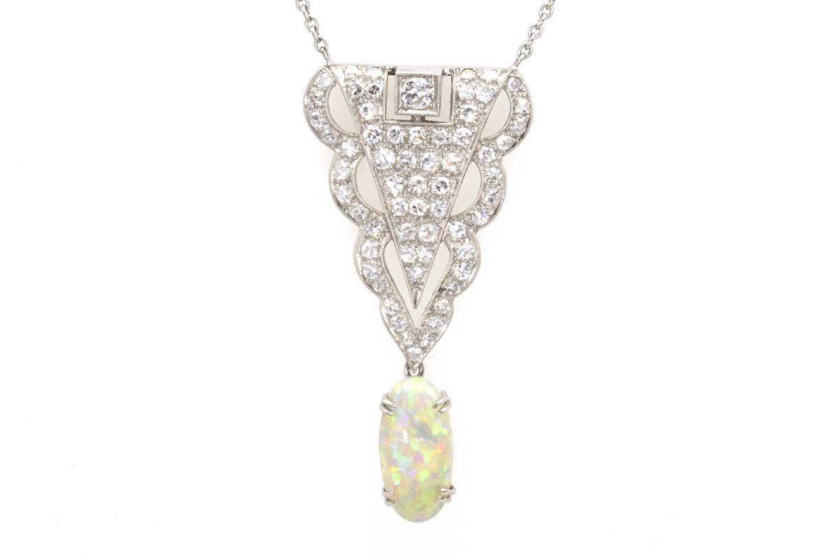 Art Deco Diamond And Opal Pendant Necklace