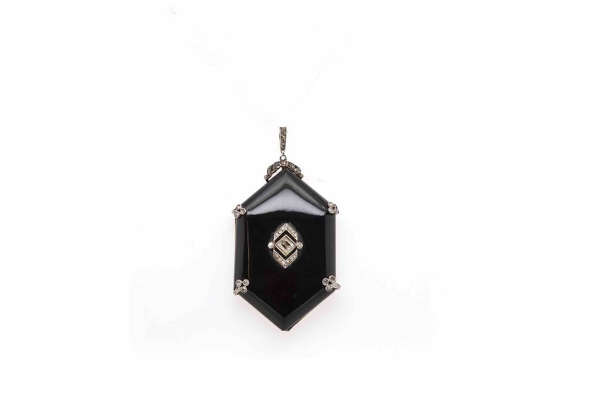 Collier Pendentif 1920 Onyx Et Diamants-photo-3