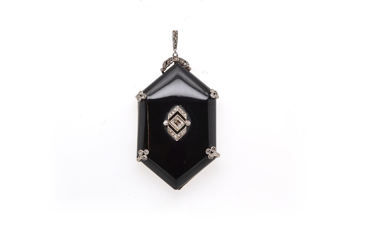 Collier Pendentif 1920 Onyx Et Diamants