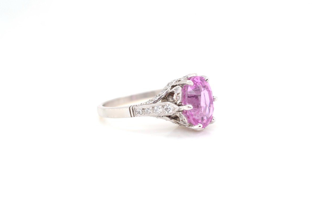 Bague Saphir Rose Ovale Et Diamants En Platine-photo-3