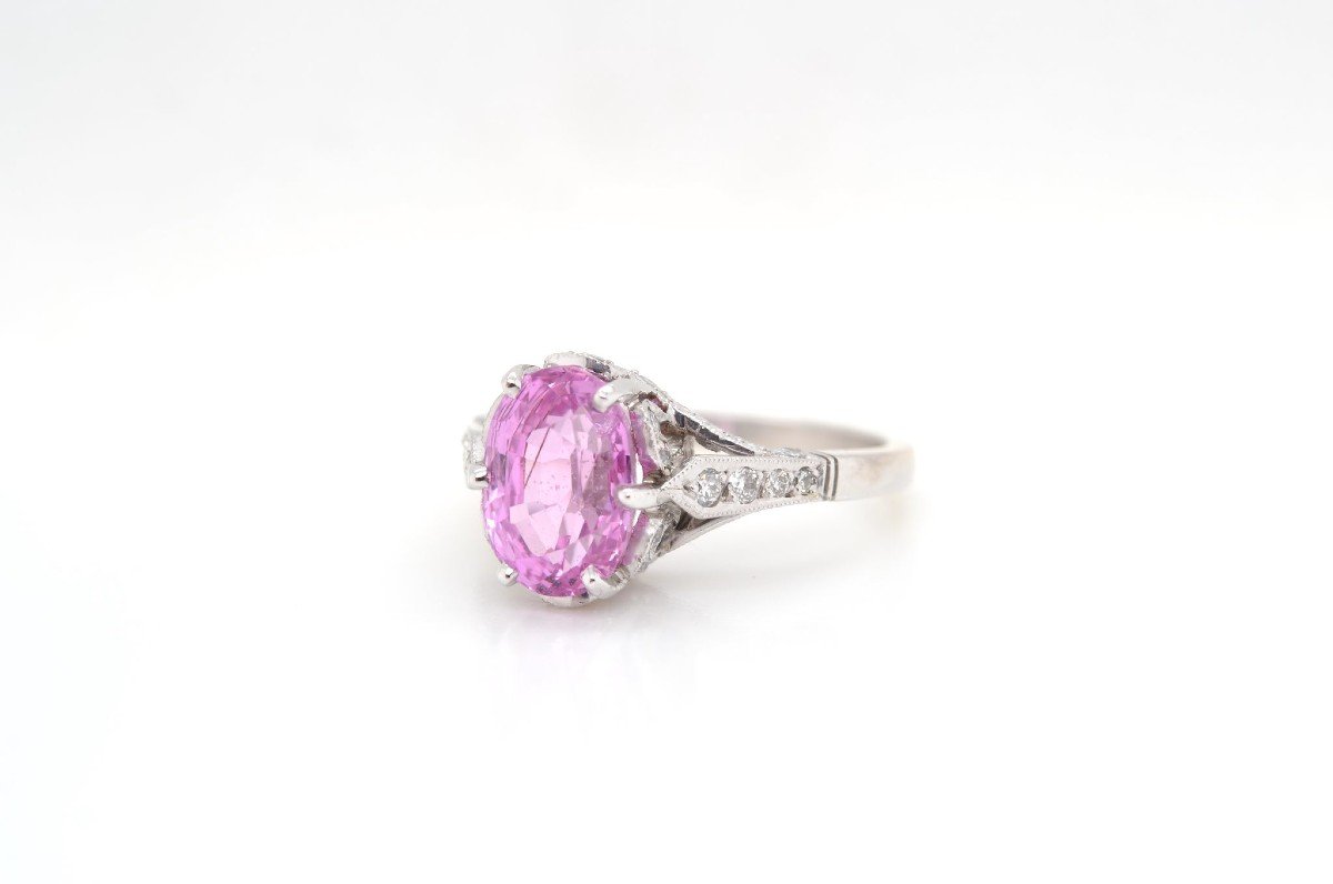 Bague Saphir Rose Ovale Et Diamants En Platine-photo-4