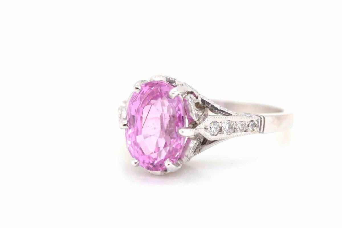 Oval Pink Sapphire And Diamond Ring In Platinum