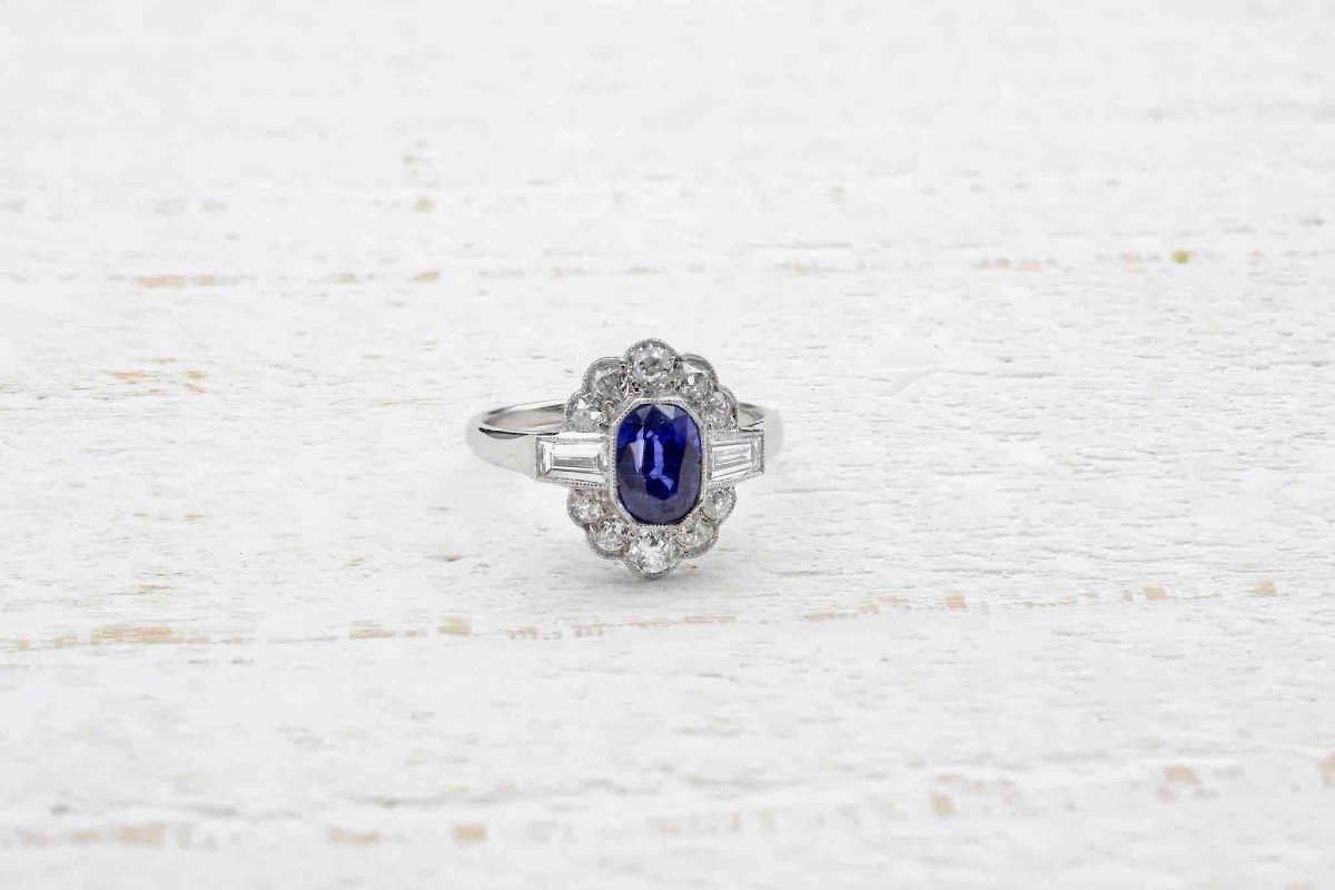 Bague Vintage Saphir Et Diamants En Platine-photo-2