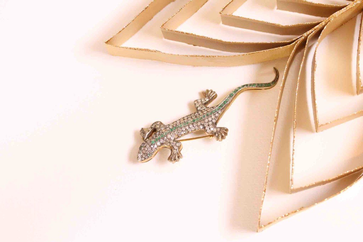 Broche Lézard émeraudes Et Diamants En Argent Et Or 18k-photo-2