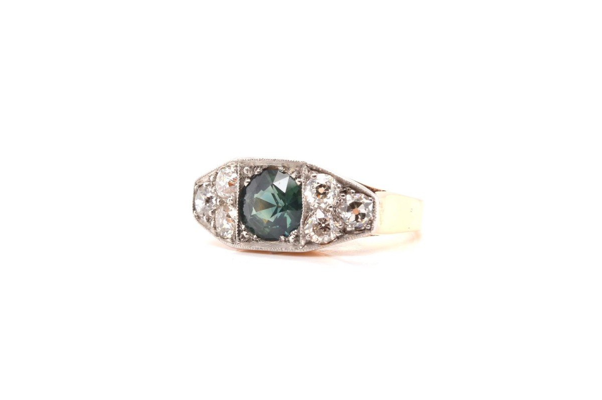 Bague 1940 Saphir Vert En Or 18k Et Platine