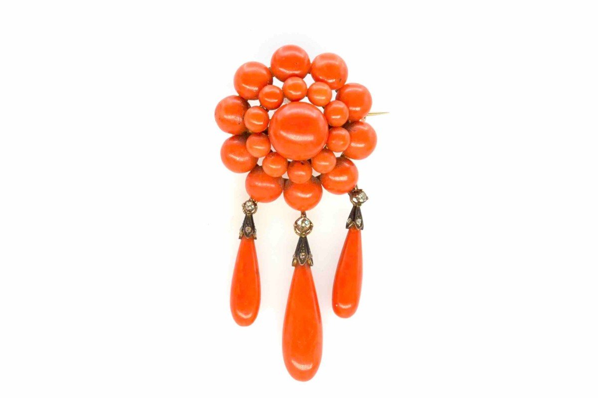 Broche Fin 19e Corail Et Diamants En Or Jaune 18k