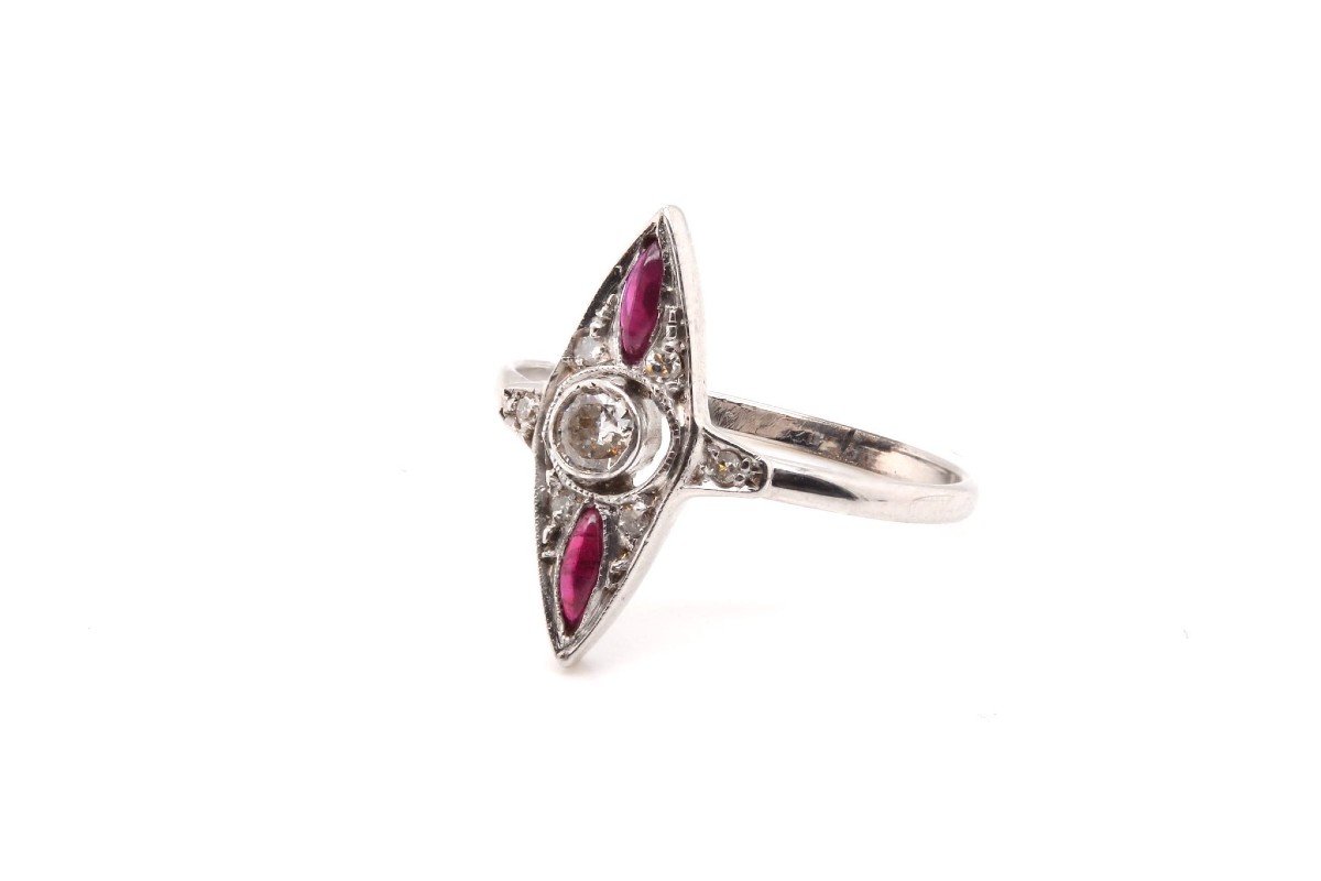 Bague Marquise Diamants Et Rubis En Or Et Argent