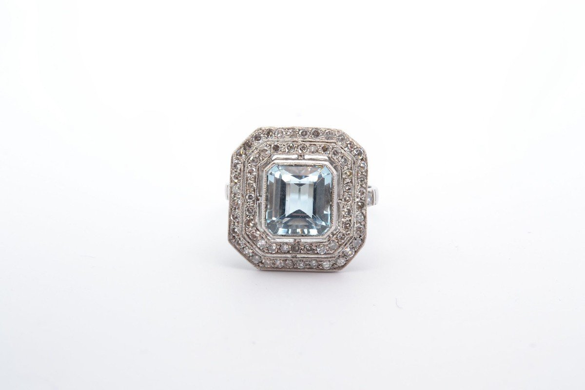 Bague Aigue Marine Double Entourage Diamants-photo-2