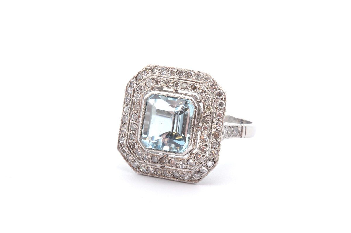 Aquamarine Double Surround Diamond Ring