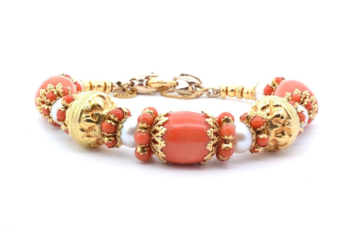 Bracelet Italien Corail Et Perles De Culture En Or 18k