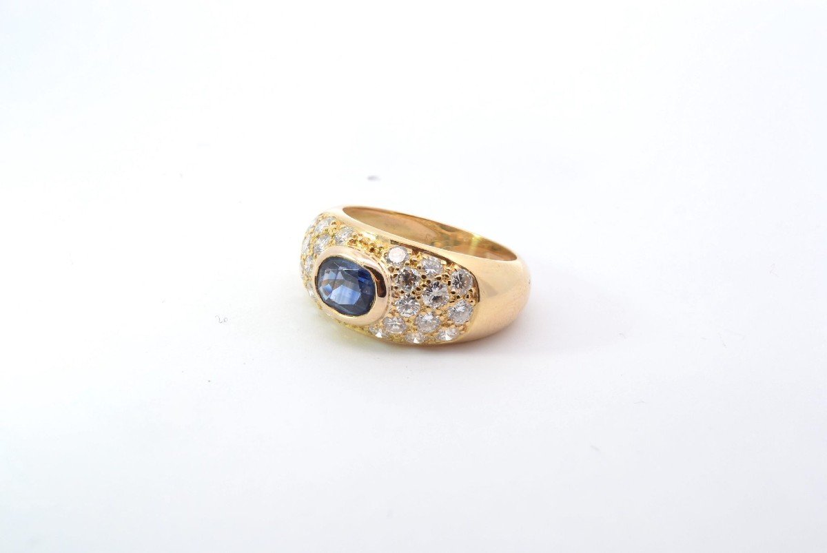 Bague Jonc Diamants Et Saphir En Or Jaune 18k-photo-4