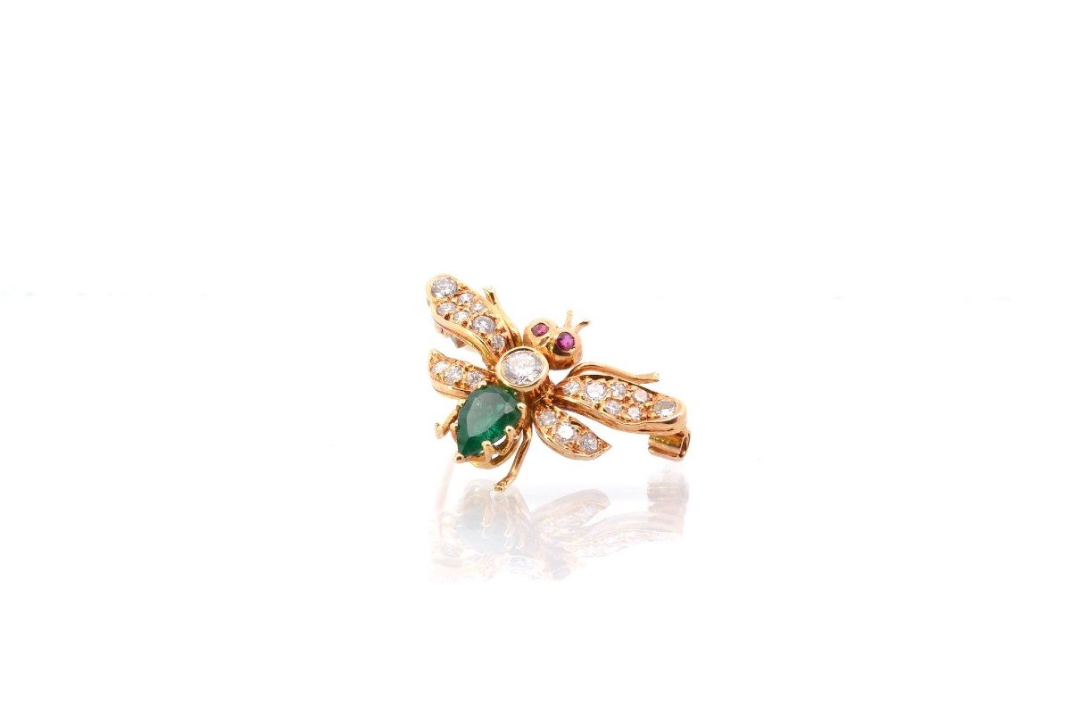 Emerald, Diamond And Ruby Insect Brooch In 18k Gold-photo-2