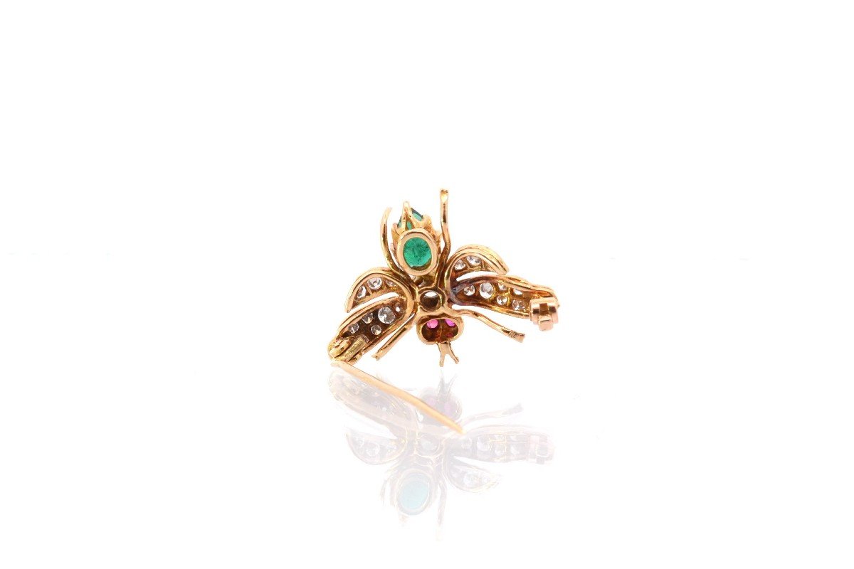Emerald, Diamond And Ruby Insect Brooch In 18k Gold-photo-3