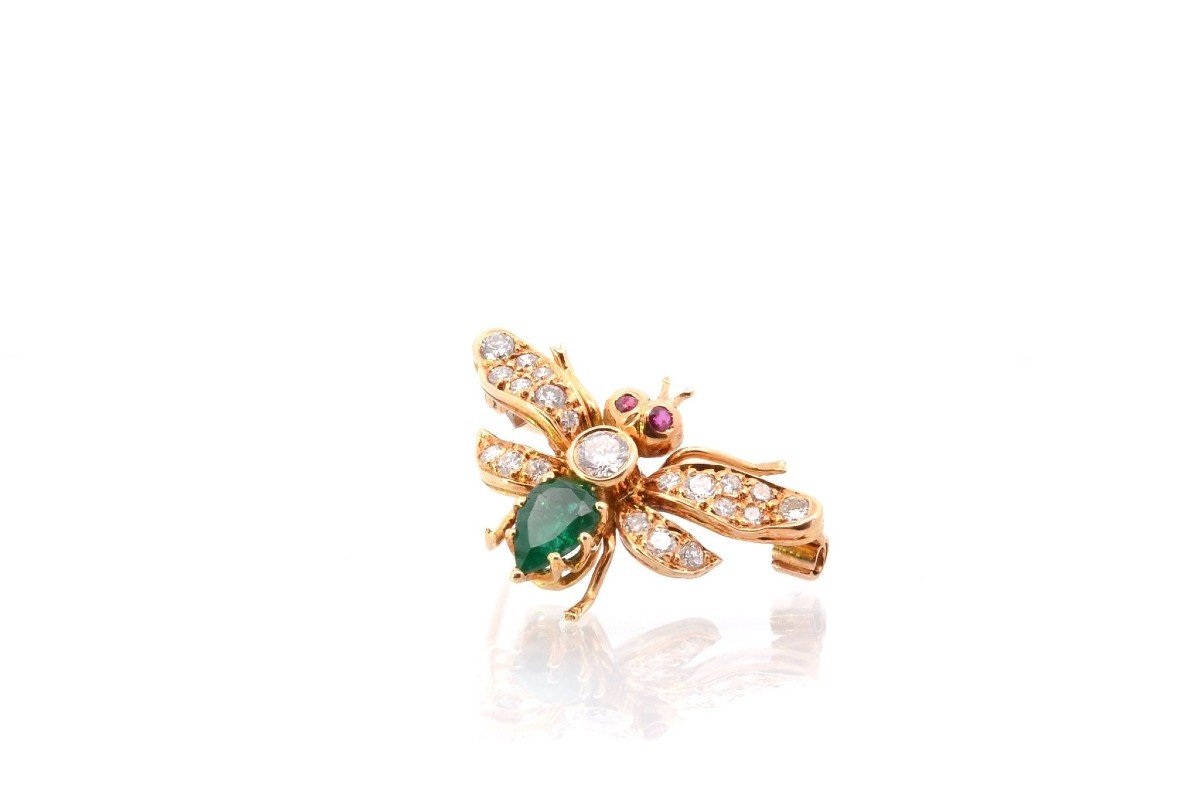 Emerald, Diamond And Ruby Insect Brooch In 18k Gold