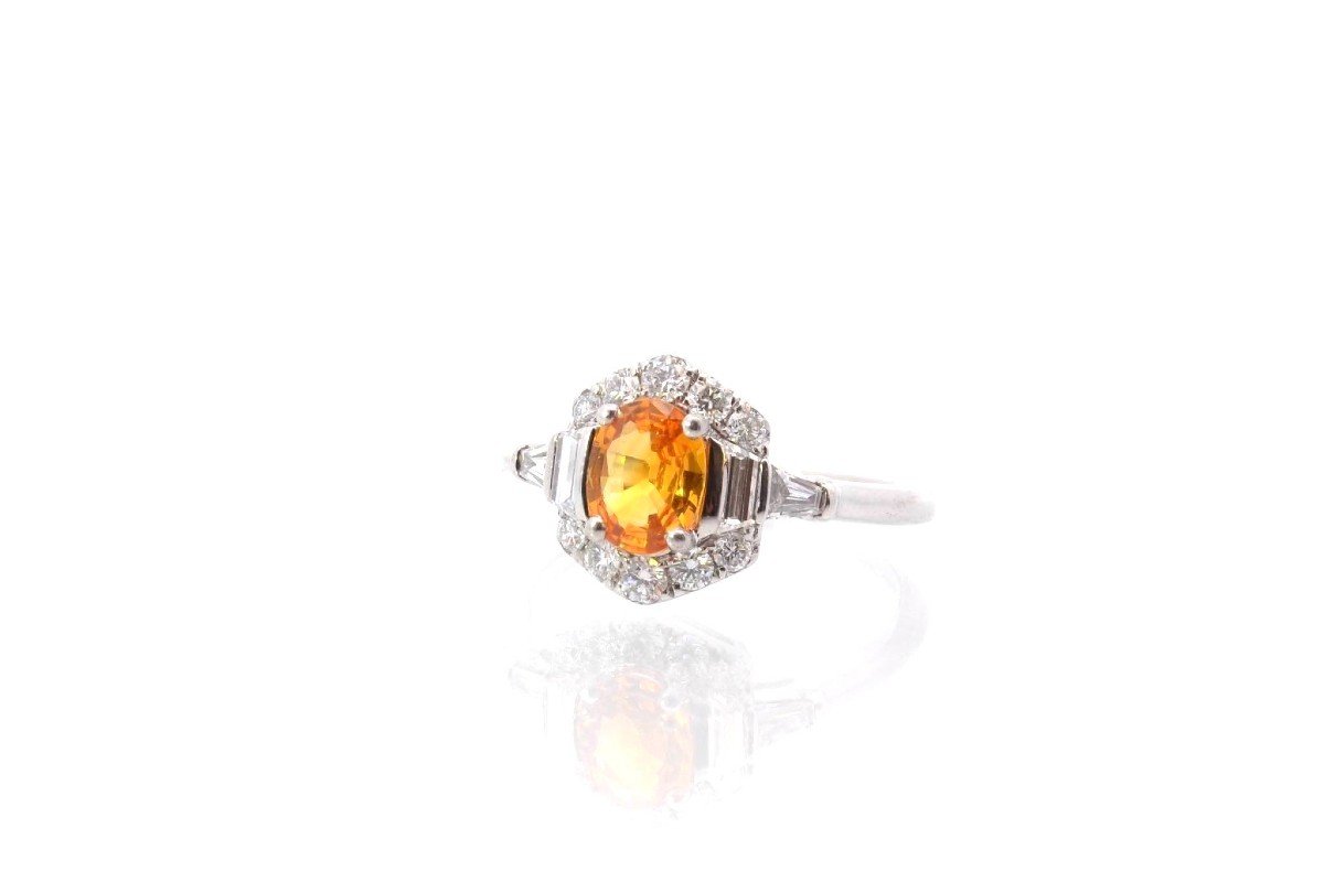 Yellow Sapphire And Diamond Ring In White Gold