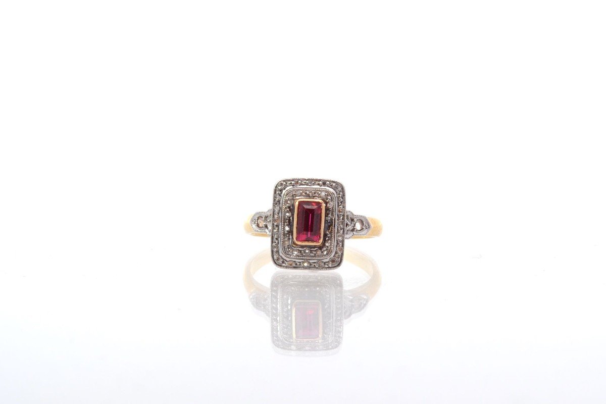 Antique Ring 1920 Synthetic Ruby And Diamonds-photo-2