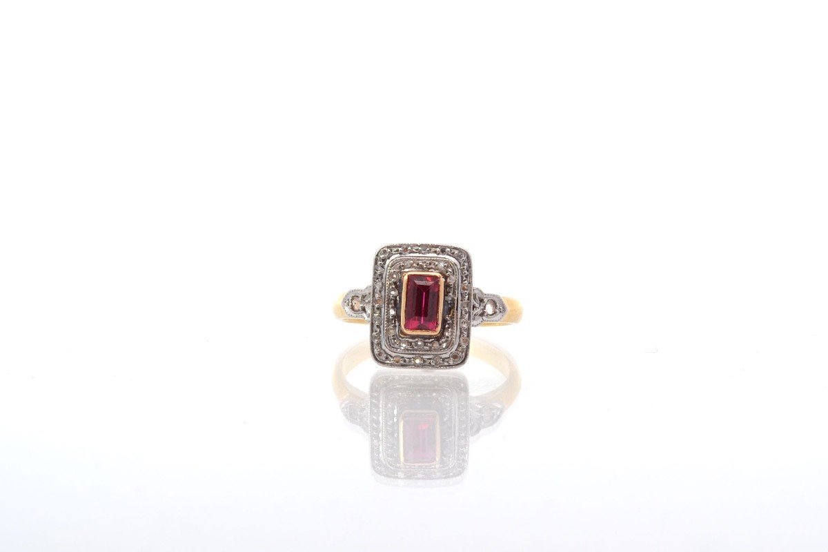 Bague Ancienne 1920 Rubis Synthétique Et Diamants-photo-2