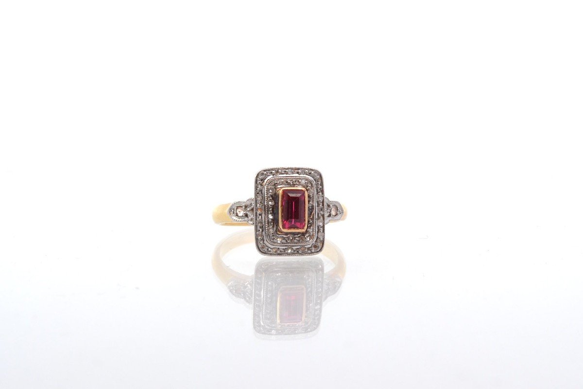 Antique Ring 1920 Synthetic Ruby And Diamonds-photo-3