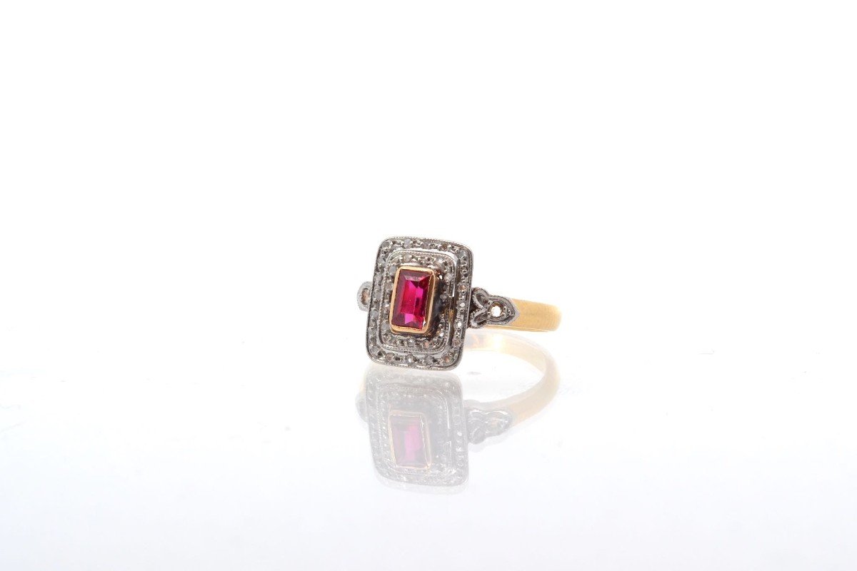 Antique Ring 1920 Synthetic Ruby And Diamonds-photo-4