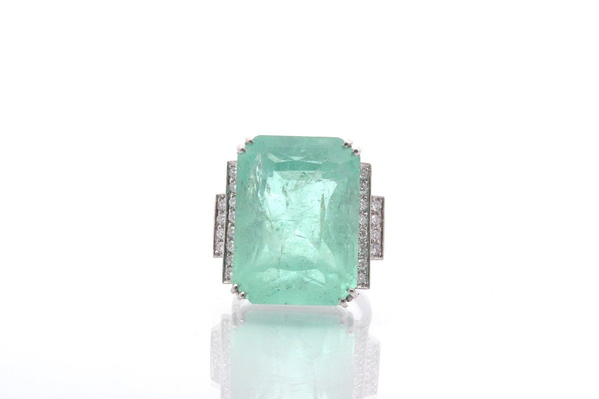 Emerald Ring Of 34.43 Cts And Diamonds In Platinum-photo-2