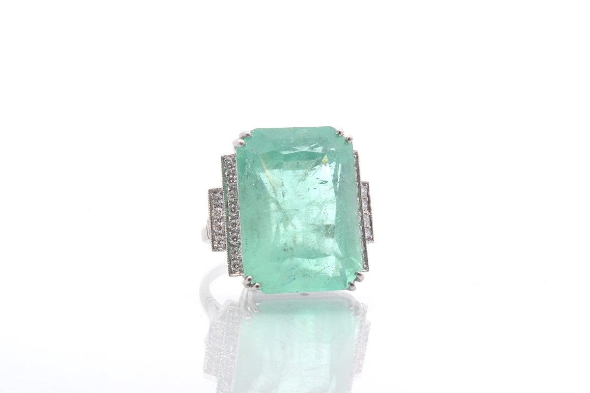 Emerald Ring Of 34.43 Cts And Diamonds In Platinum-photo-3