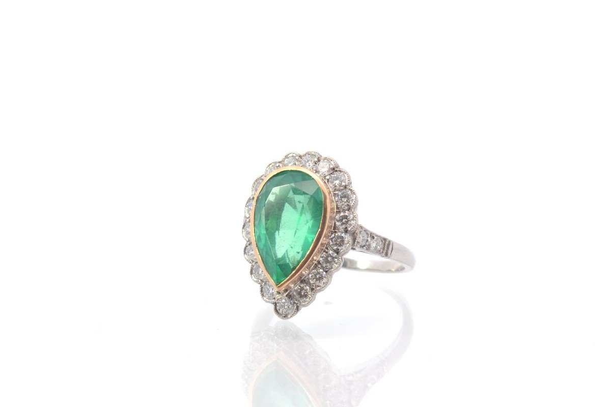 Vintage Emerald Pear And Diamond Ring In Platinum And Gold-photo-4