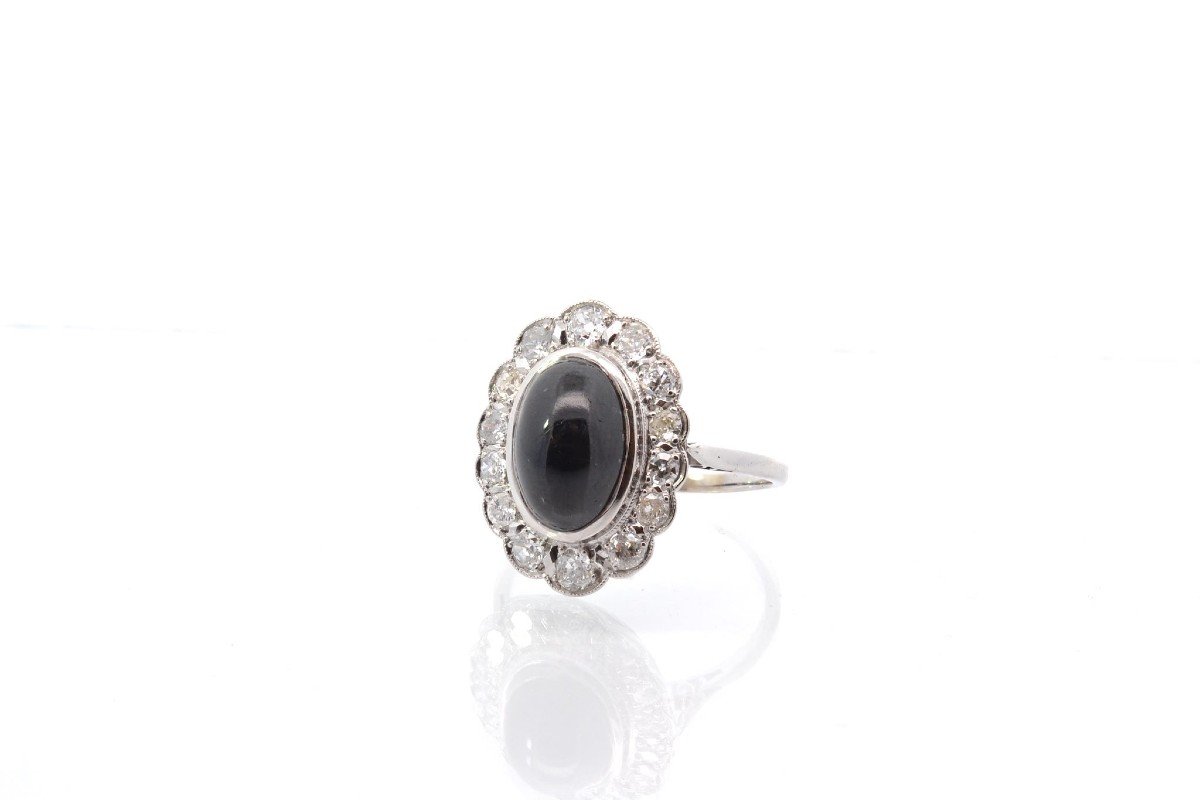 Bague Vintage Saphir Cabochon Et Diamants En Platine-photo-4