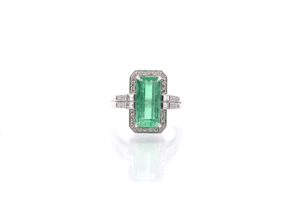 Bague Vintage émeraude Et Diamants En Platine-photo-2