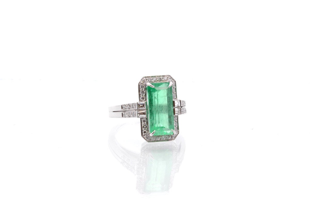 Bague Vintage émeraude Et Diamants En Platine-photo-3